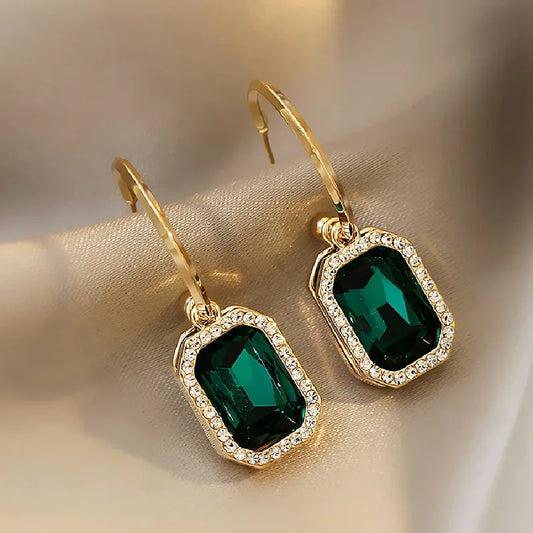 Elegant Green Crystal Geometry Drop Earrings