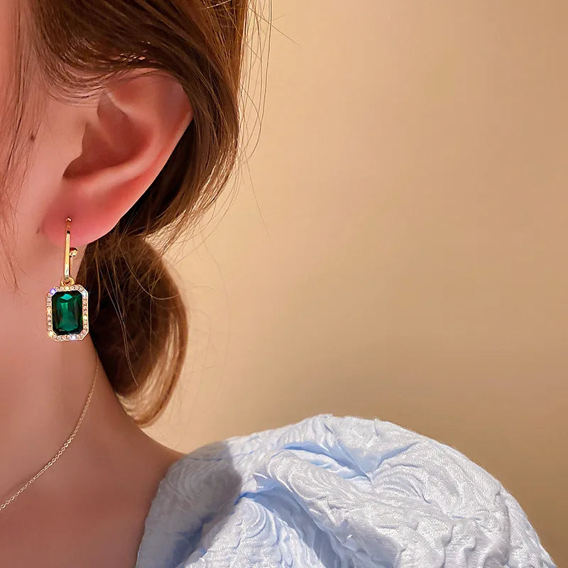 Elegant Green Crystal Geometry Drop Earrings