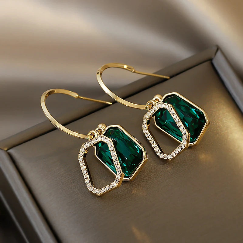 Elegant Green Crystal Geometry Drop Earrings