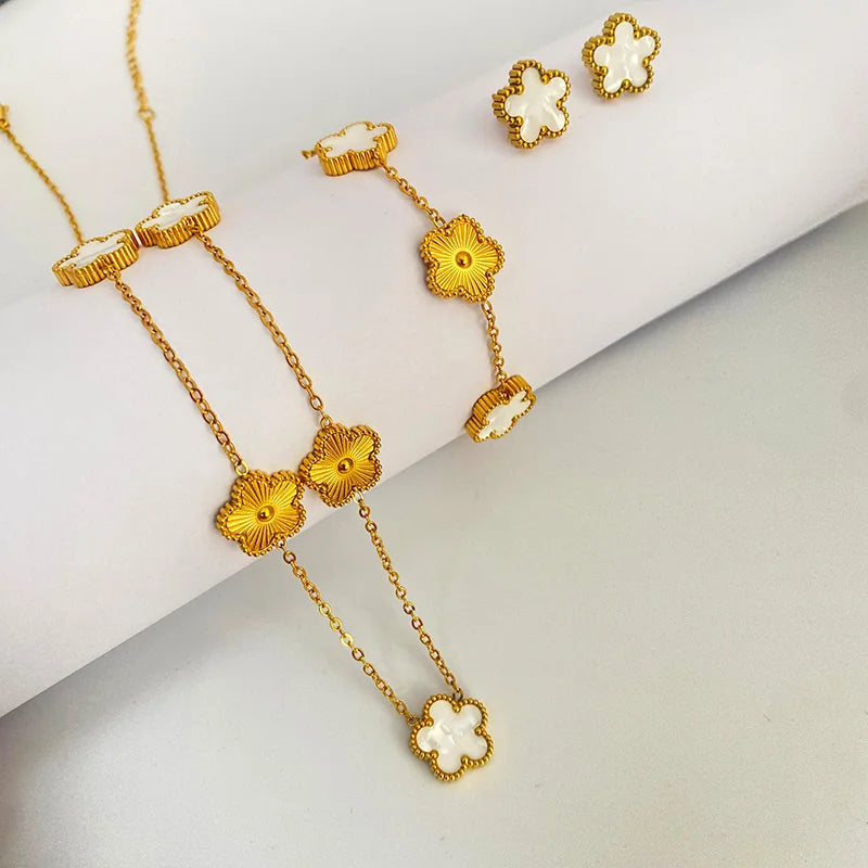 Clover Stainless Steel Earring Necklace Bracelet Set