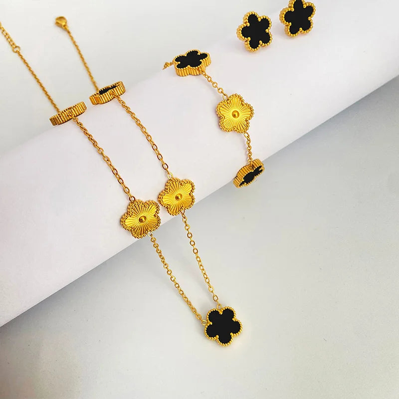 Clover Stainless Steel Earring Necklace Bracelet Set