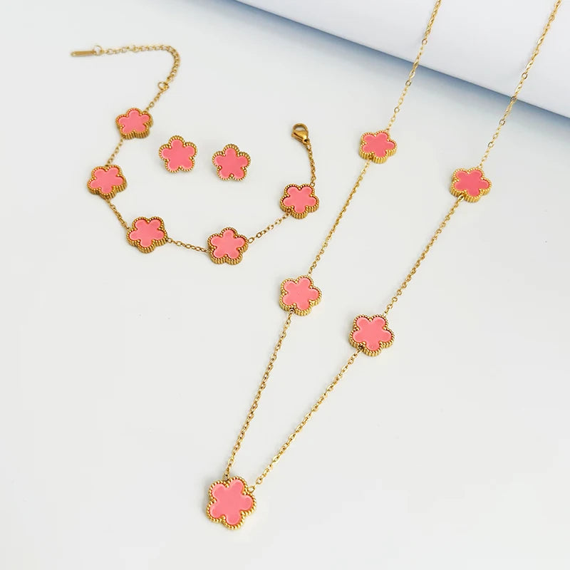 Clover Stainless Steel Earring Necklace Bracelet Set