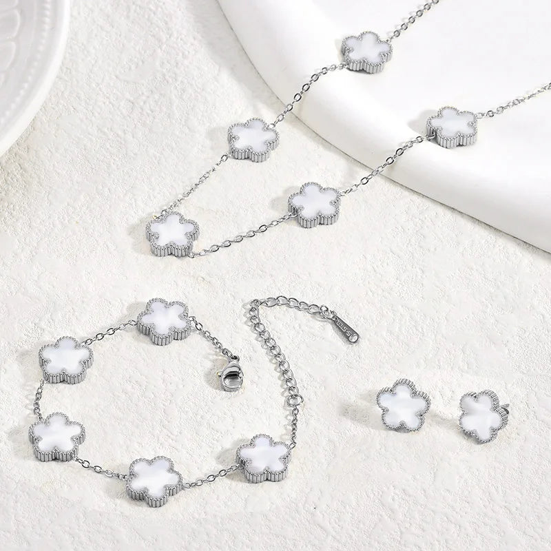Clover Stainless Steel Earring Necklace Bracelet Set