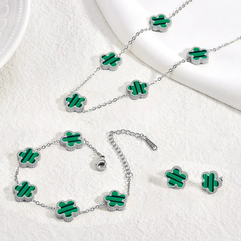Clover Stainless Steel Earring Necklace Bracelet Set