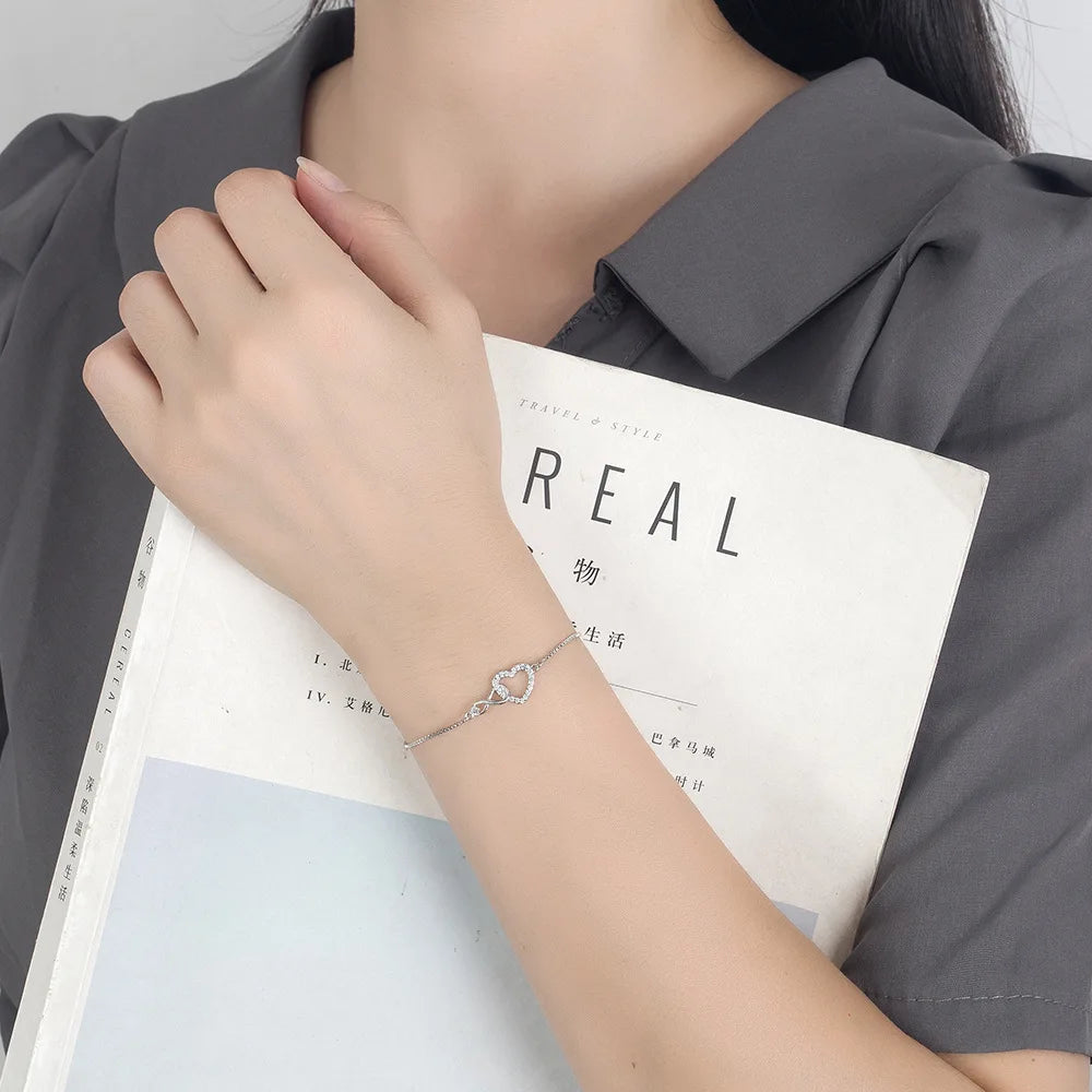 Fine 925 Sterling Silver Crystal Heart Bracelet