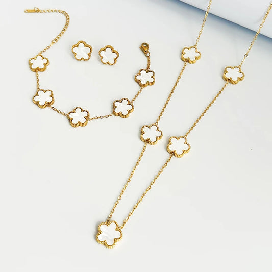 Clover Stainless Steel Earring Necklace Bracelet Set