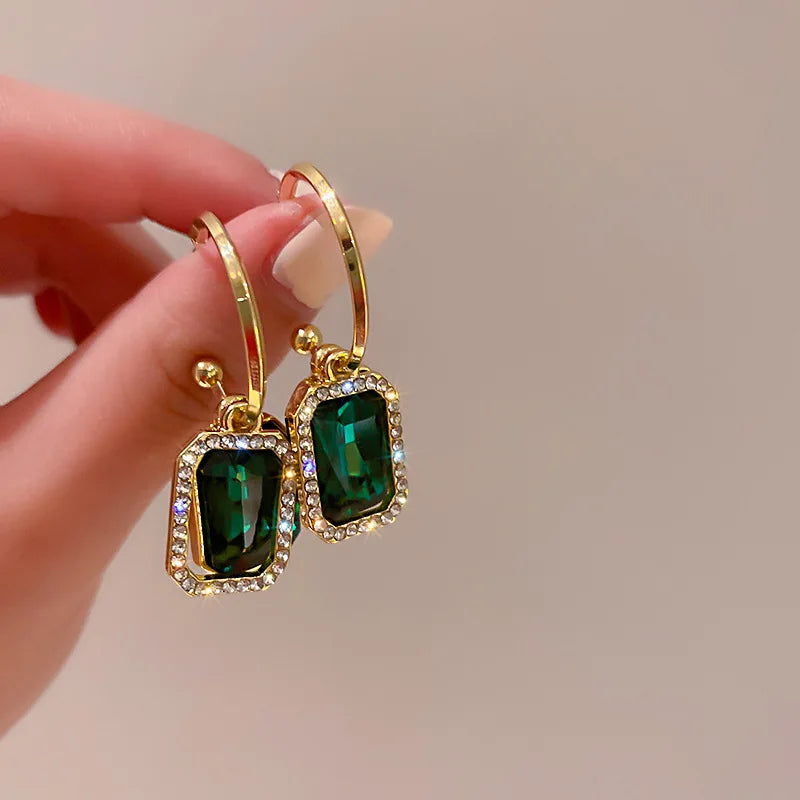 Elegant Green Crystal Geometry Drop Earrings
