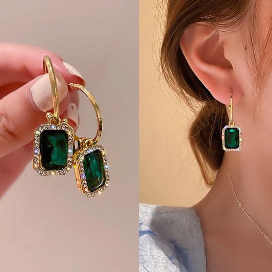 Elegant Green Crystal Geometry Drop Earrings
