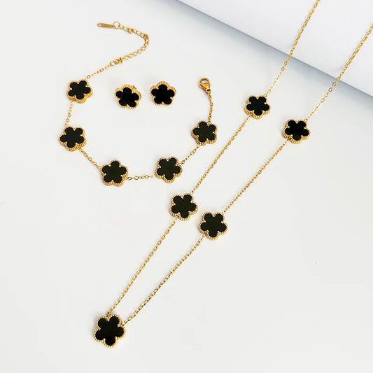Clover Stainless Steel Earring Necklace Bracelet Set