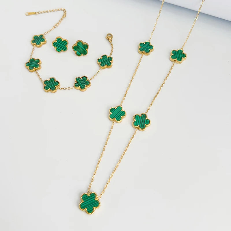Clover Stainless Steel Earring Necklace Bracelet Set