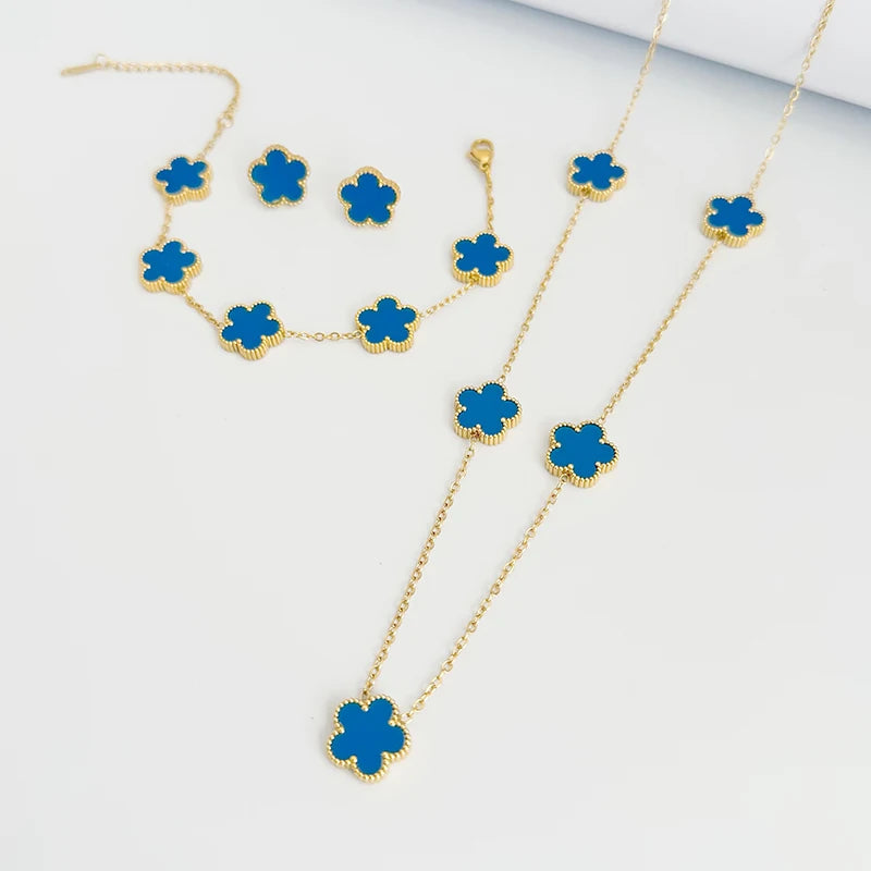 Clover Stainless Steel Earring Necklace Bracelet Set