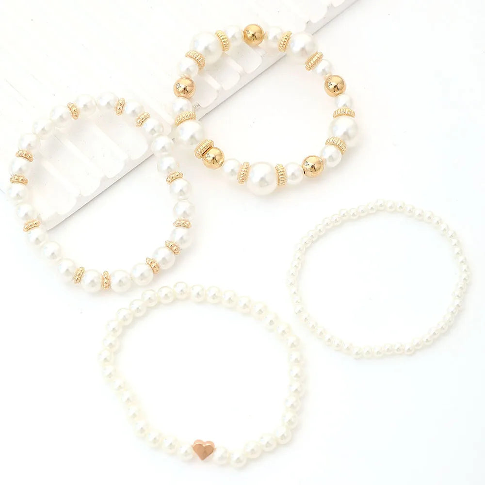 4pcs/Set Simple White Faux Pearls Bracelet Set