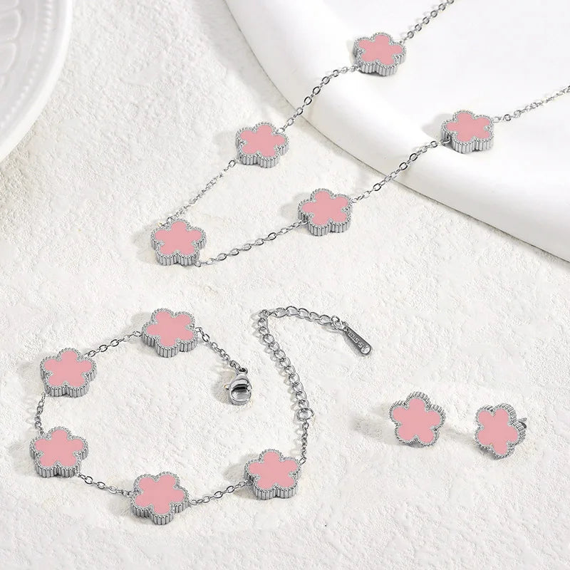 Clover Stainless Steel Earring Necklace Bracelet Set