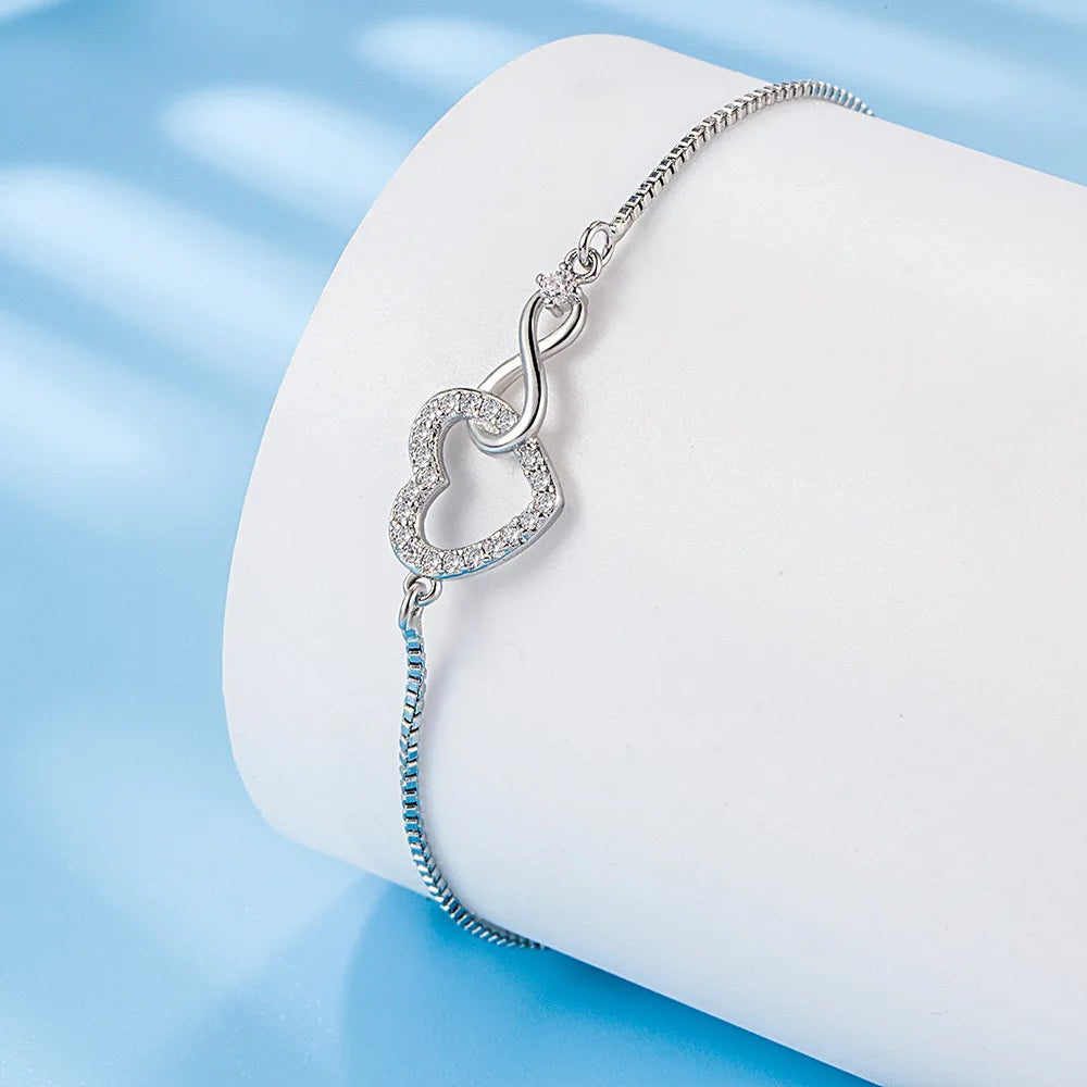 Fine 925 Sterling Silver Crystal Heart Bracelet