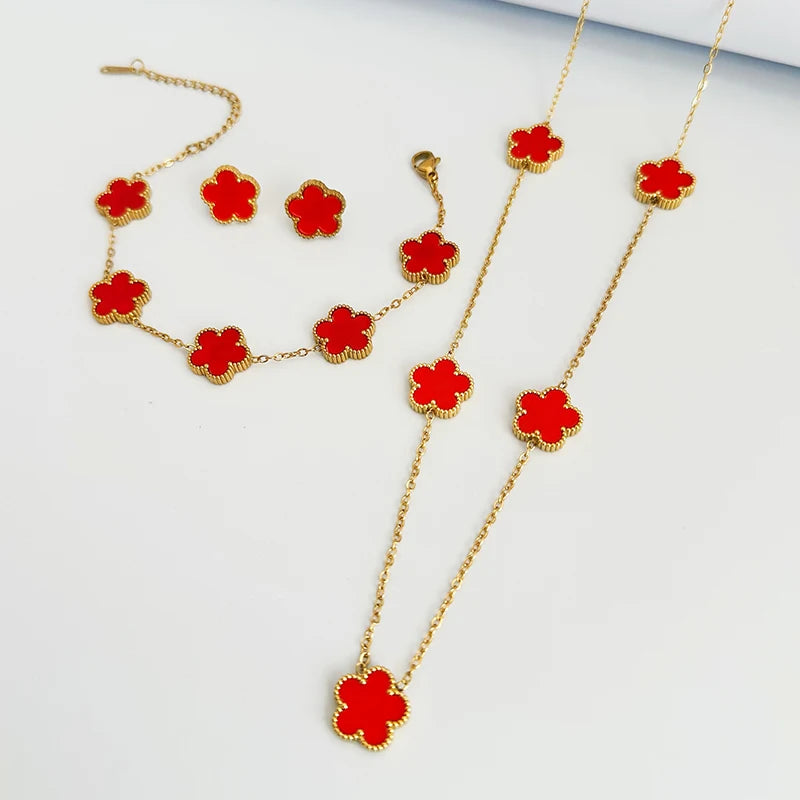 Clover Stainless Steel Earring Necklace Bracelet Set