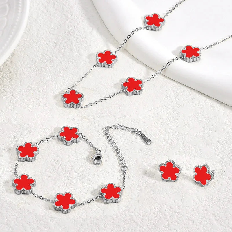 Clover Stainless Steel Earring Necklace Bracelet Set