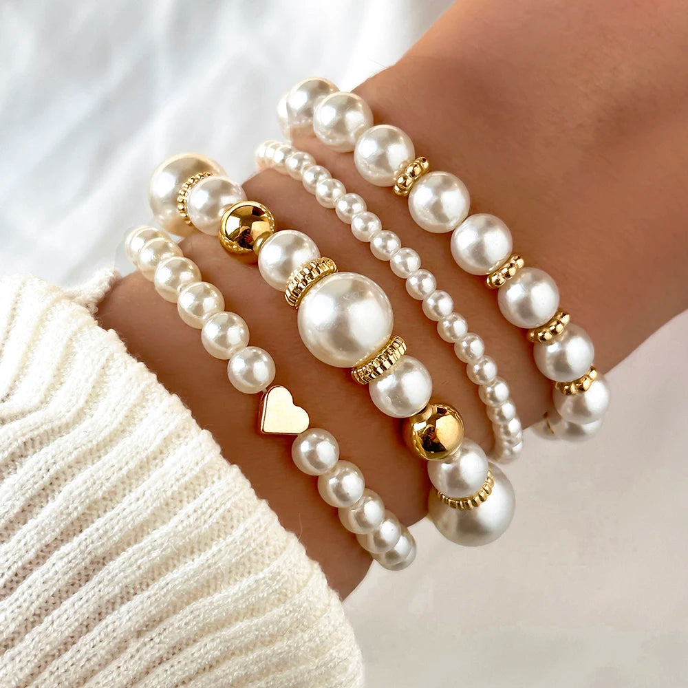 4pcs/Set Simple White Faux Pearls Bracelet Set