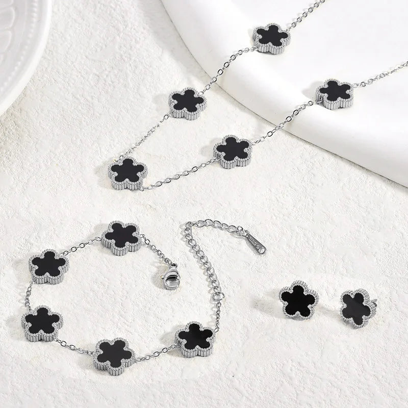 Clover Stainless Steel Earring Necklace Bracelet Set