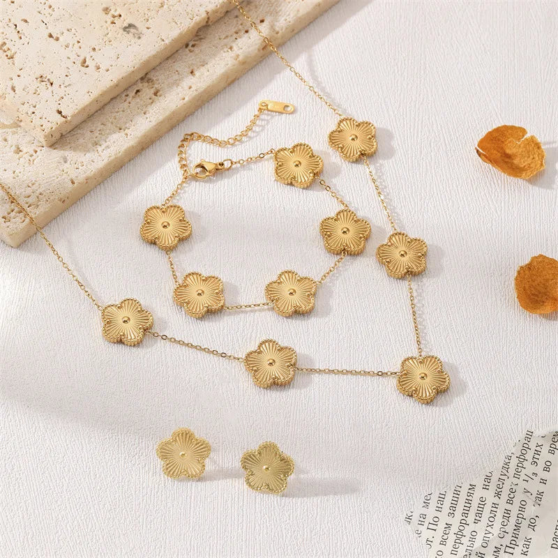Clover Stainless Steel Earring Necklace Bracelet Set