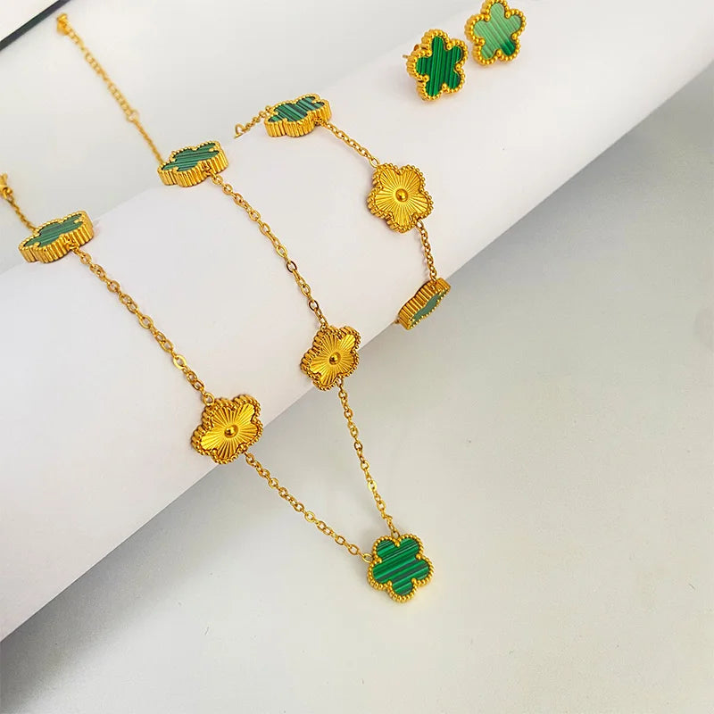 Clover Stainless Steel Earring Necklace Bracelet Set