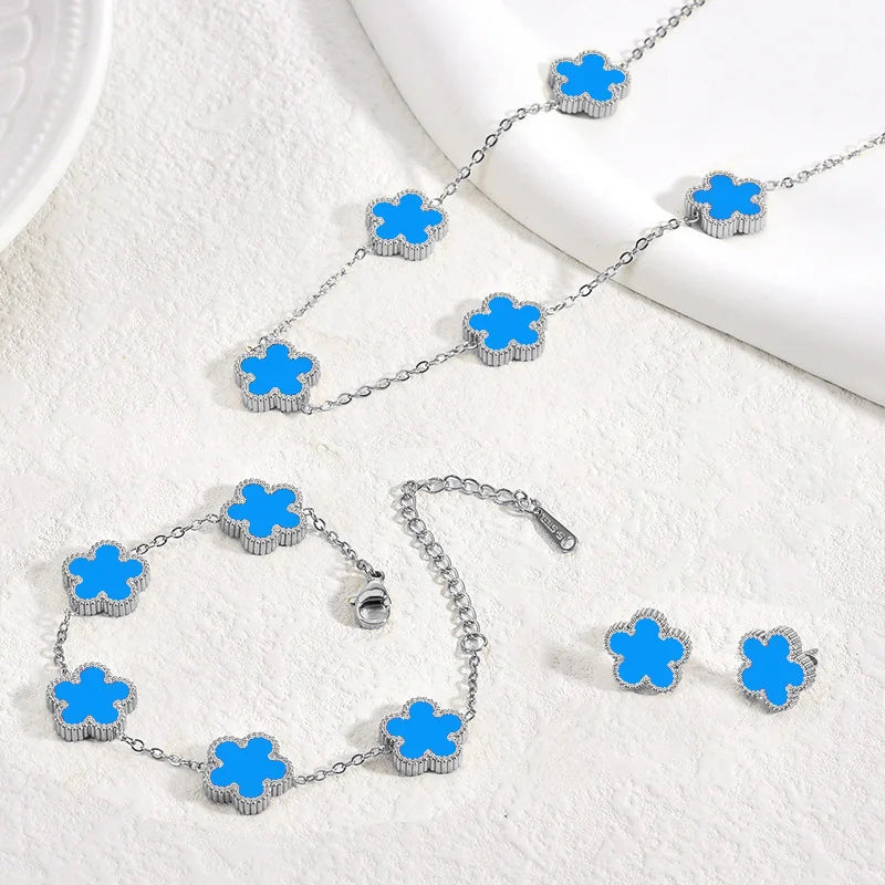 Clover Stainless Steel Earring Necklace Bracelet Set