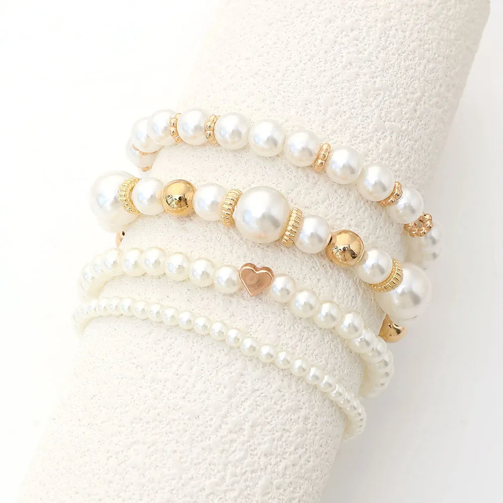 4pcs/Set Simple White Faux Pearls Bracelet Set