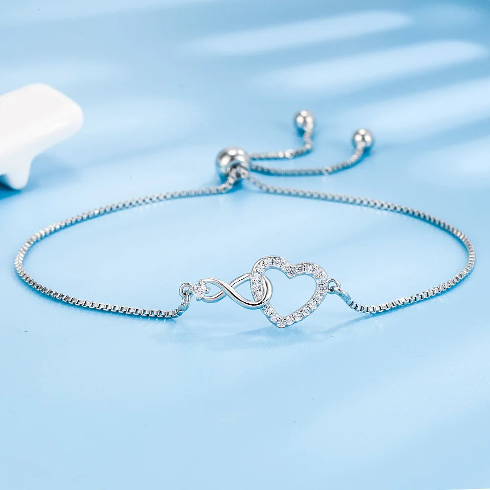 Fine 925 Sterling Silver Crystal Heart Bracelet