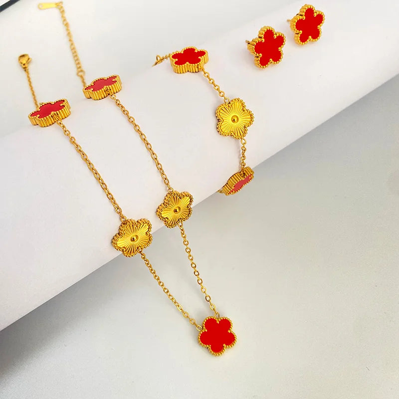 Clover Stainless Steel Earring Necklace Bracelet Set