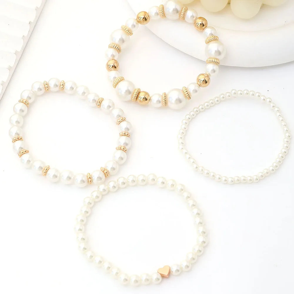 4pcs/Set Simple White Faux Pearls Bracelet Set