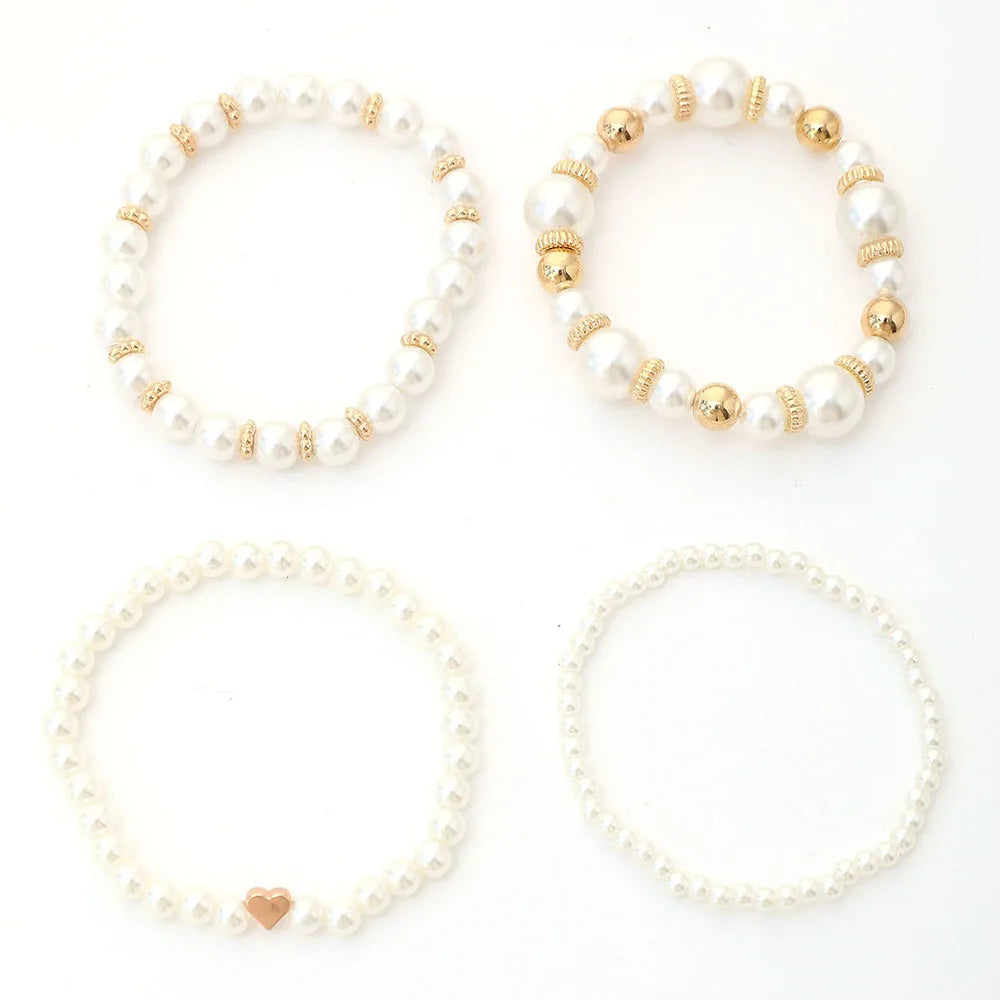 4pcs/Set Simple White Faux Pearls Bracelet Set
